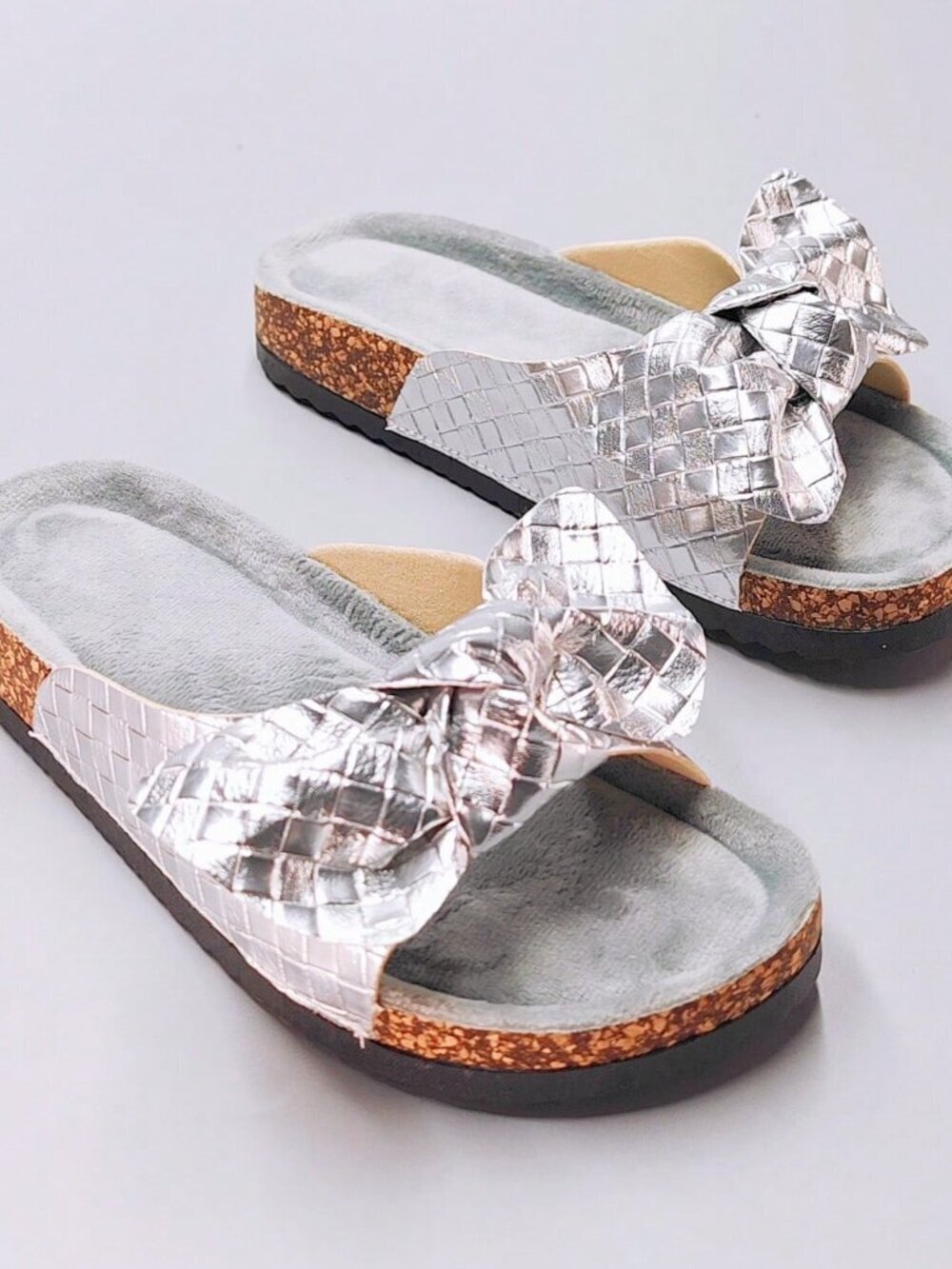 Silver Casual Women's Bow-Decor Rhinestone Sequin Thick Sandals